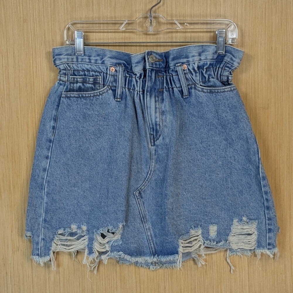 Womens Boho Western Grunge Distressed Denim Mini Skirt Large Blue Paperbag Waist
